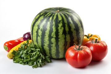 Fresh assortment of colorful vegetables and fruits including a watermelon, tomatoes, and herbs