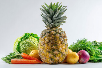 Fresh assortment of vegetables and a pineapple arranged beautifully on a white background