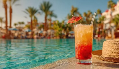 Obraz premium Refreshing cocktail with an umbrella and sunglasses by a pool, featuring a straw hat, set against a luxurious hotel backdrop