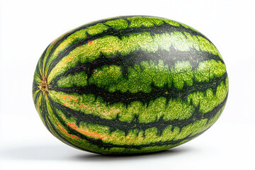 Fresh, ripe watermelon with vibrant green stripes, isolated on a clean white background