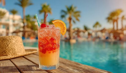 Obraz premium Refreshing cocktail with sunglasses and straw hat on a wooden table, overlooking a hotel pool, capturing summer vacation vibes