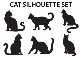 Six black cat silhouettes in various poses sit under the text CAT SILHOUETTE SET against a white background