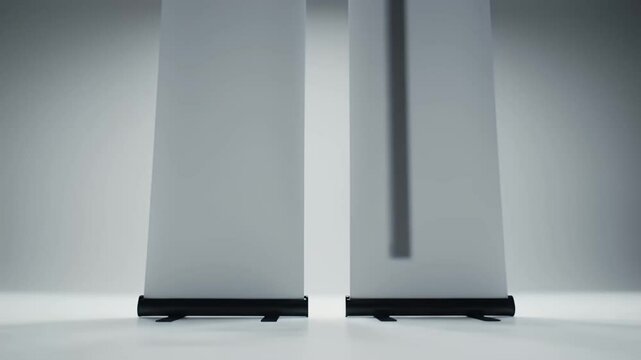 Two Retractable Banner Stands for Trade Show on White Backdrop with Neutral Lighting for Clean and Professional