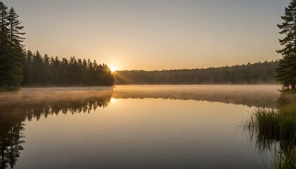 Fototapeta premium Serene sunrise at the lake with mist and reflection offers peaceful scenery of nature at dawn