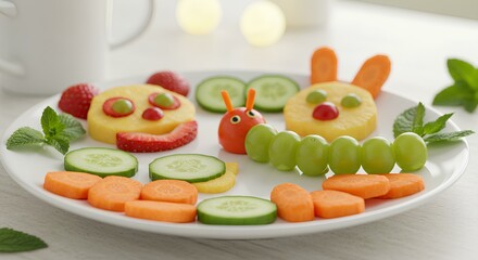 A plate of food art featuring a bear and a rabbit made from fruits and vegetables, with mint garnish.