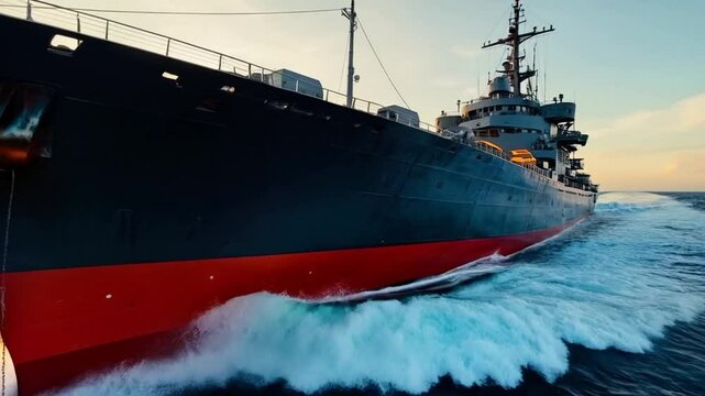 Warship Cuts Through Ocean with Force Beneath Fiery Coastal Skies