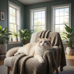 Peaceful Ragdoll Cat Resting in Sunlit Minimalist Interior
