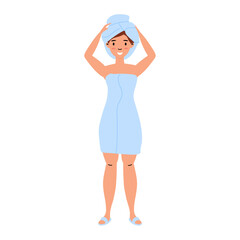 Woman in a blue towel adjusting her headscarf after a shower at home