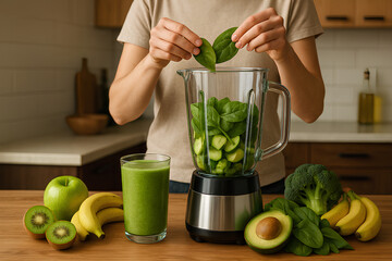 A person adding leafy greens like spinach and cucumber to a blender to create a green smoothie, captured in high detail with fresh ingredients in 8K resolution.