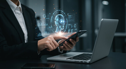 Unlocking AI insights a professional analyzes digital data with sophisticated futuristic technology overlay on mobile in