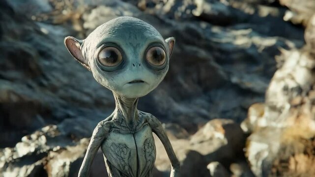 Curious Alien Creature Exploring Rocky Terrain with Big Expressive Eyes