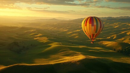 Fototapeta premium sunset, summer, clouds, colorful hot air balloon floating over rolling green hills at sunrise