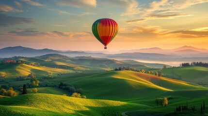 Obraz premium sunset, summer, clouds, colorful hot air balloon floating over rolling green hills at sunrise