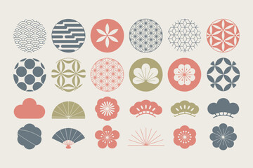 Pastel Japanese pattern and flower set, geometric circle motifs, traditional decorative elements, elegant vector, classic design