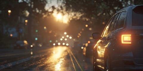 Fototapeta premium Glimmering Sunset on Rainy Street with a Car Parked Alongside Blurry Traffic Lights and Reflections on Wet Pavement