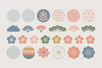 Japanese pattern and flower collection, pastel circle motifs, traditional decorative elements, elegant vector, classic illustration