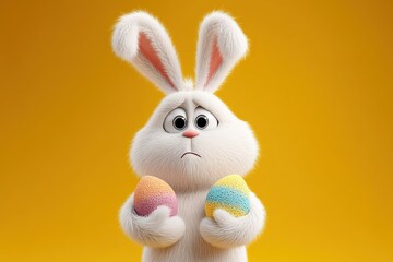 Cute easter bunny with colored eggs on a yellow background, Ai Generated