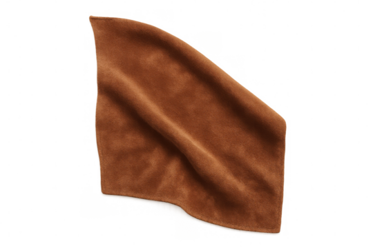 Soft brown suede cloth gently floating on a transparent background, creating a luxurious and tactile visual