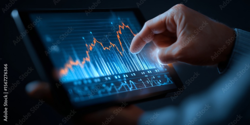 Aufkleber Businessperson Analyzing Financial Trends on Digital Tablet with Graphs and Charts Showcasing Market Fluctuations and Data Insights for Professional Use