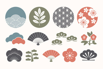 Pastel Japanese pattern and nature icon set, circle motifs, floral elements, fan, cloud, pine, traditional vector, elegant style