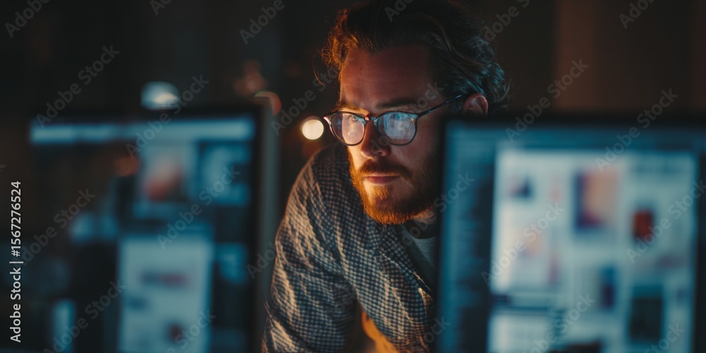 Poster focused man working late at a computer desk surrounded by screens, wearing glasses, indoors in a sty