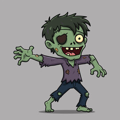 Smiling cartoon vampire child with blue hair and bat wings, enjoying a red dripping lollipop on a gray background.