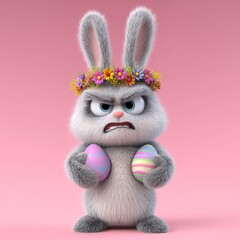 Easter bunny with a wreath of flowers holding a painted egg on a pink background, Ai Generated