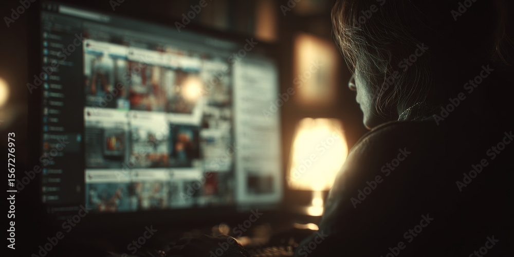 Poster Person using computer late at night with soft lighting in the background, browsing through captivating digital content on a large screen display