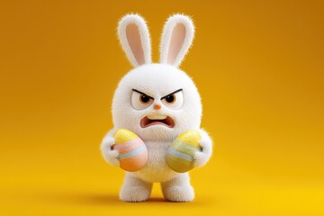 Easter bunny with colored eggs on a yellow background, Easter concept, Ai generated