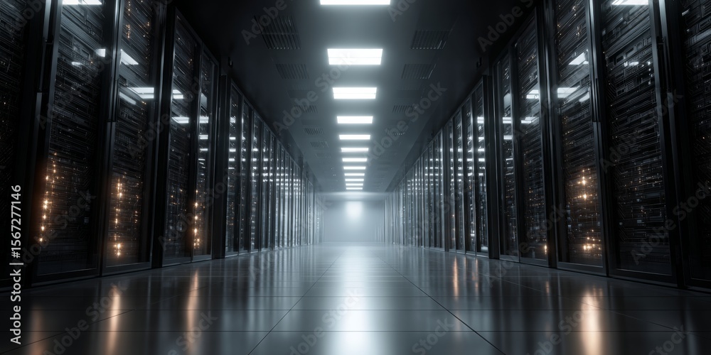Poster High-Tech Data Center Interior with Rows of Server Racks and Futuristic Lighting in a Dimly Lit Environment