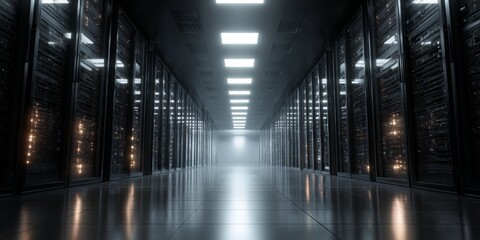 High-Tech Data Center Interior with Rows of Server Racks and Futuristic Lighting in a Dimly Lit Environment
