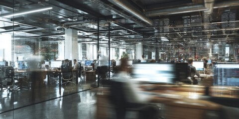 Modern office interior with blurred motion, bustling atmosphere, glass walls, employees working at computer desks, collaborative and innovative work environment