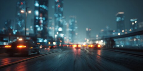 Naklejka premium Blurred Night Cityscape with Car Lights and Urban Buildings, Street View of a Vibrant Metropolis with Bokeh Effects and Rainy Pavement Reflections