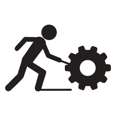 Stick Figure Pushing Gear icon silhouette vector illustration