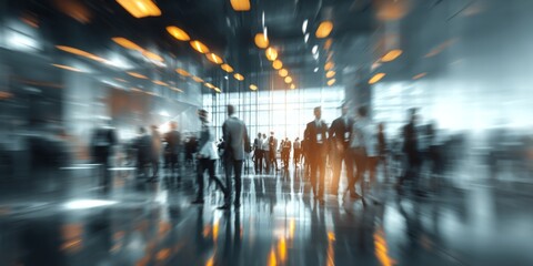 Fototapeta premium Busy modern office environment with professionals engaged in networking and teamwork during a vibrant business gathering or conference event