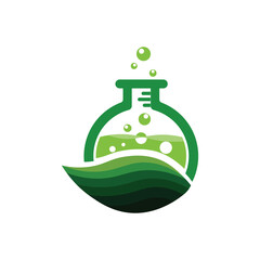 Green innovation lab science logo design featuring leaf icon with glass bottle tube