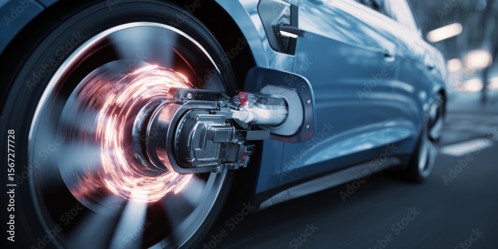 Poster dynamic close-up of electric car wheel with motion blur effect illustrating advanced technology and 