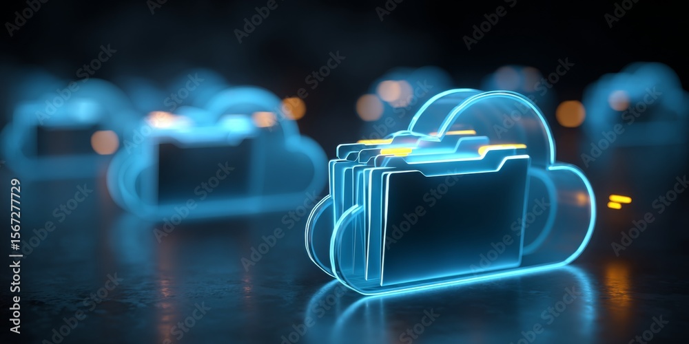 Poster Futuristic digital cloud storage concept showcasing glowing folders in a high-tech environment for data organization and management solutions