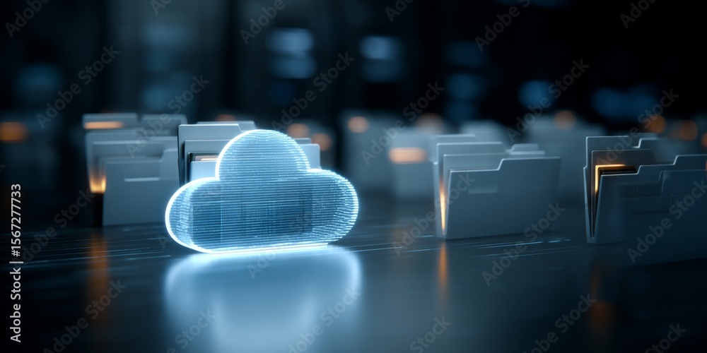 Poster Digital Cloud Storage Concept with Glowing Cloud Icon Surrounded by File Folders Representing Data Management and Technology in Modern Office Environment
