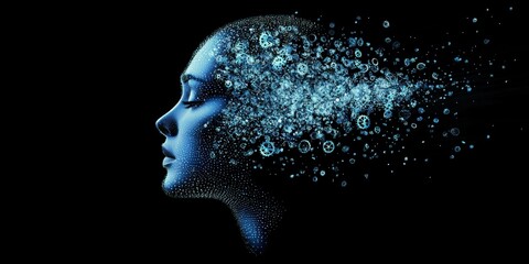A conceptual illustration of a head exploding into tiny gears and digital particles, representing deep thinking.