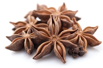 Fototapeta premium Pile of aromatic brown star anise on white surface, close-up. Perfect for food blogs, spice ads, or holiday baking projects.