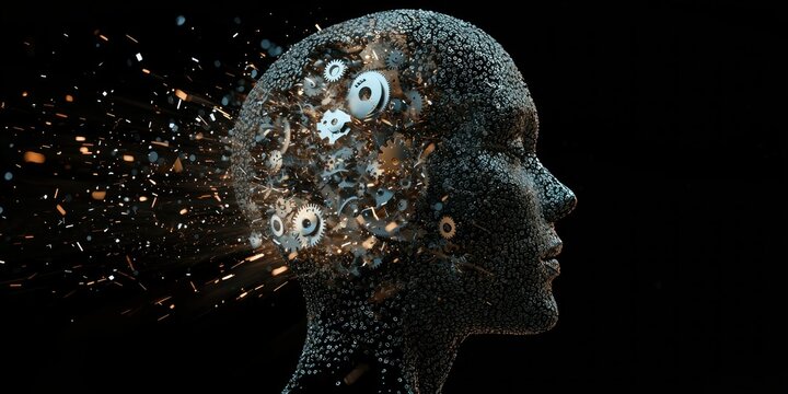 A conceptual illustration of a head exploding into tiny gears and digital particles, representing deep thinking.