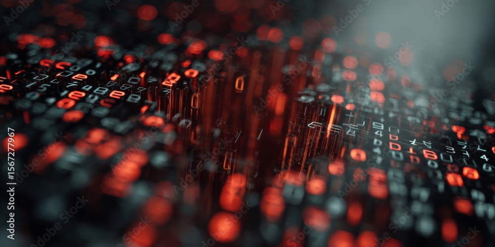 Poster Abstract Digital Matrix with Glowing Red and Black Binary Code Displaying Numbers and Patterns for Technology and Data Visualization Concepts