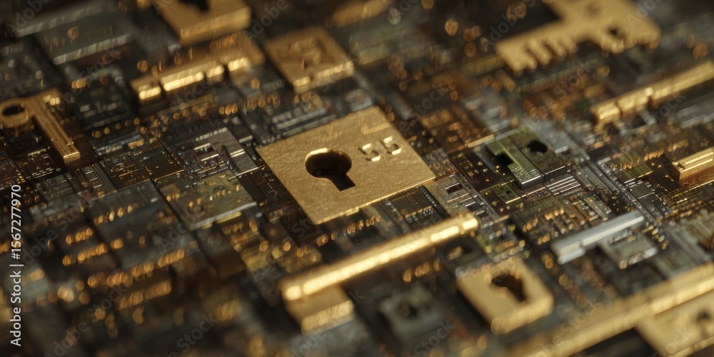 Poster Detailed Close-Up of a Gold Circuit Board Featuring Security Elements and Lock Symbols on a High-Tech Microchip Design for Technology Themes