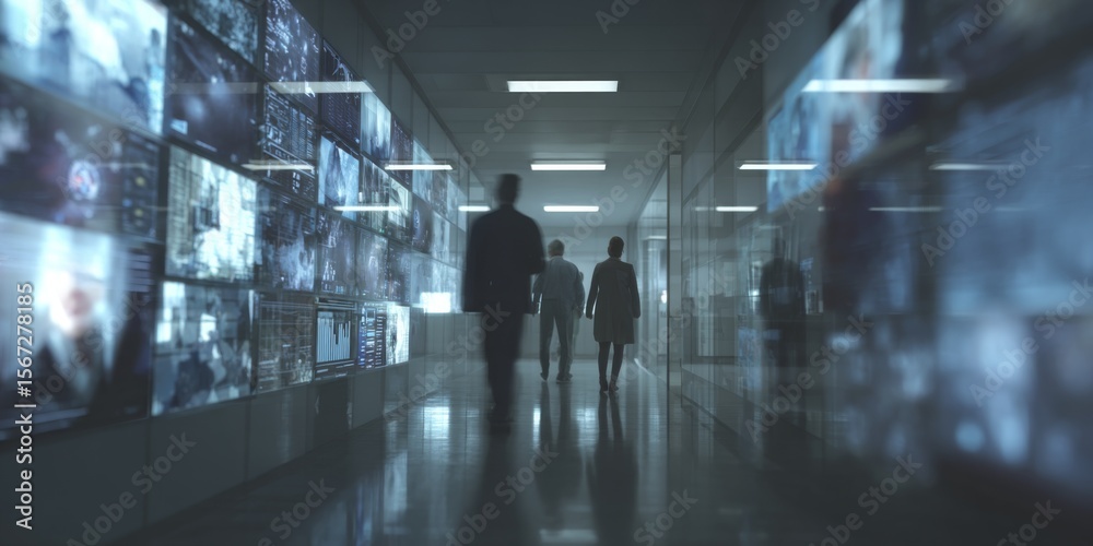 Poster Group of Professionals Walking Through Modern Office Corridor Surrounded by Digital Screens Displaying Data and Multimedia Content