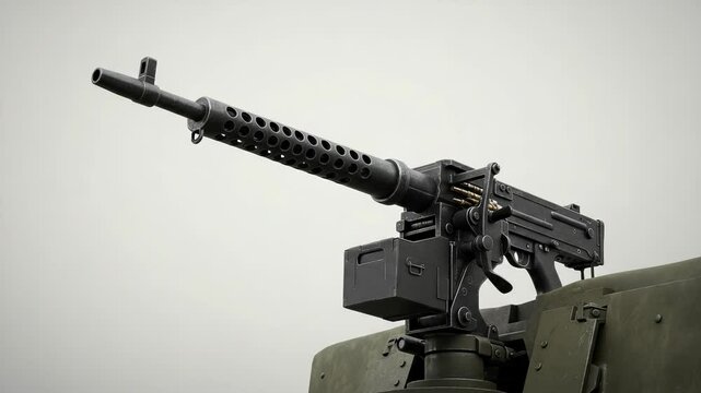 A heavy machine gun is mounted on a military vehicle