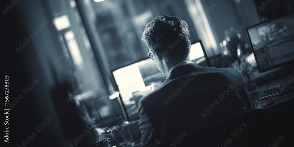 Poster professional business person working late at night on computer in modern office setting with focus o