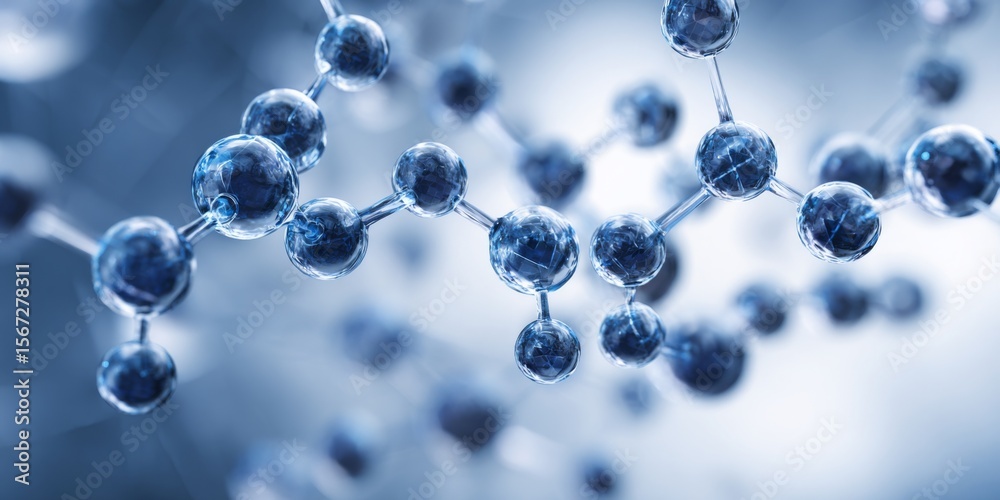 Poster detailed representation of molecular structure with blue and transparent spheres illustrating chemic