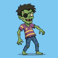 Cartoon zombie with green skin, striped shirt, torn jeans, and eyepatch, posing with arms outstretched on a light blue background.