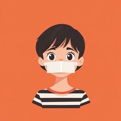 Illustration of a boy in a medical mask on an orange background, Ai Generated